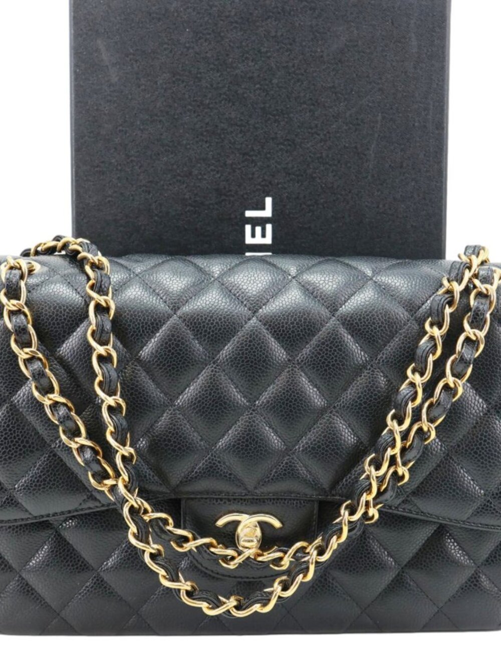 Chanel  Classic Double Flap Jumbo Quilted Caviar Leather Shoulder Bag Black - Picture 3 of 15